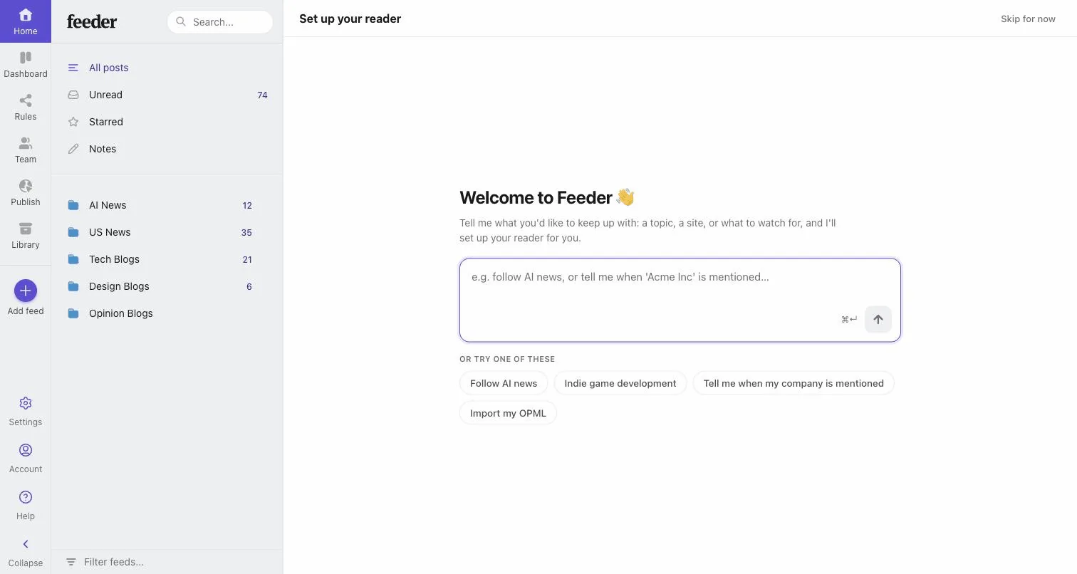 The reader on first run, with the AI setup chat open
