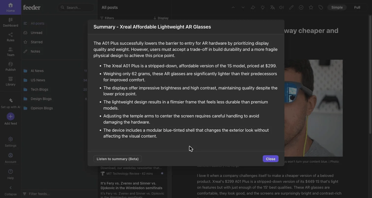 An AI summary open below an article, with a short brief and cited sources