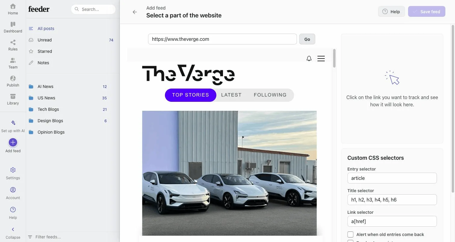 The website picker: a URL loaded in a live preview, with custom CSS selector fields for entry, title, and link