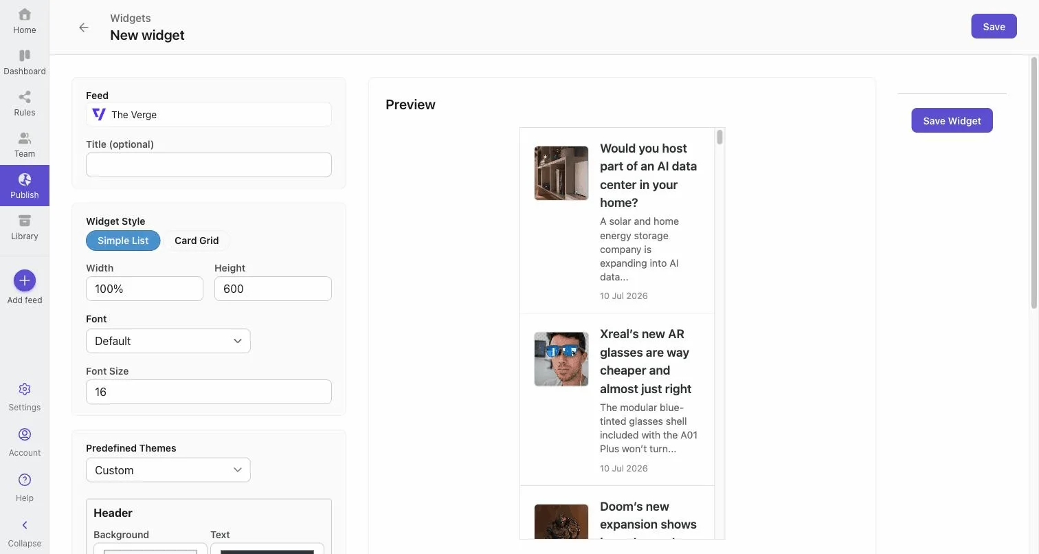 The widget builder with a live preview of a styled feed